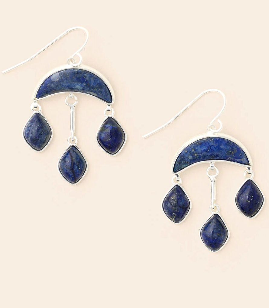 Lapis Stone Crescent Drop Silver Earrings