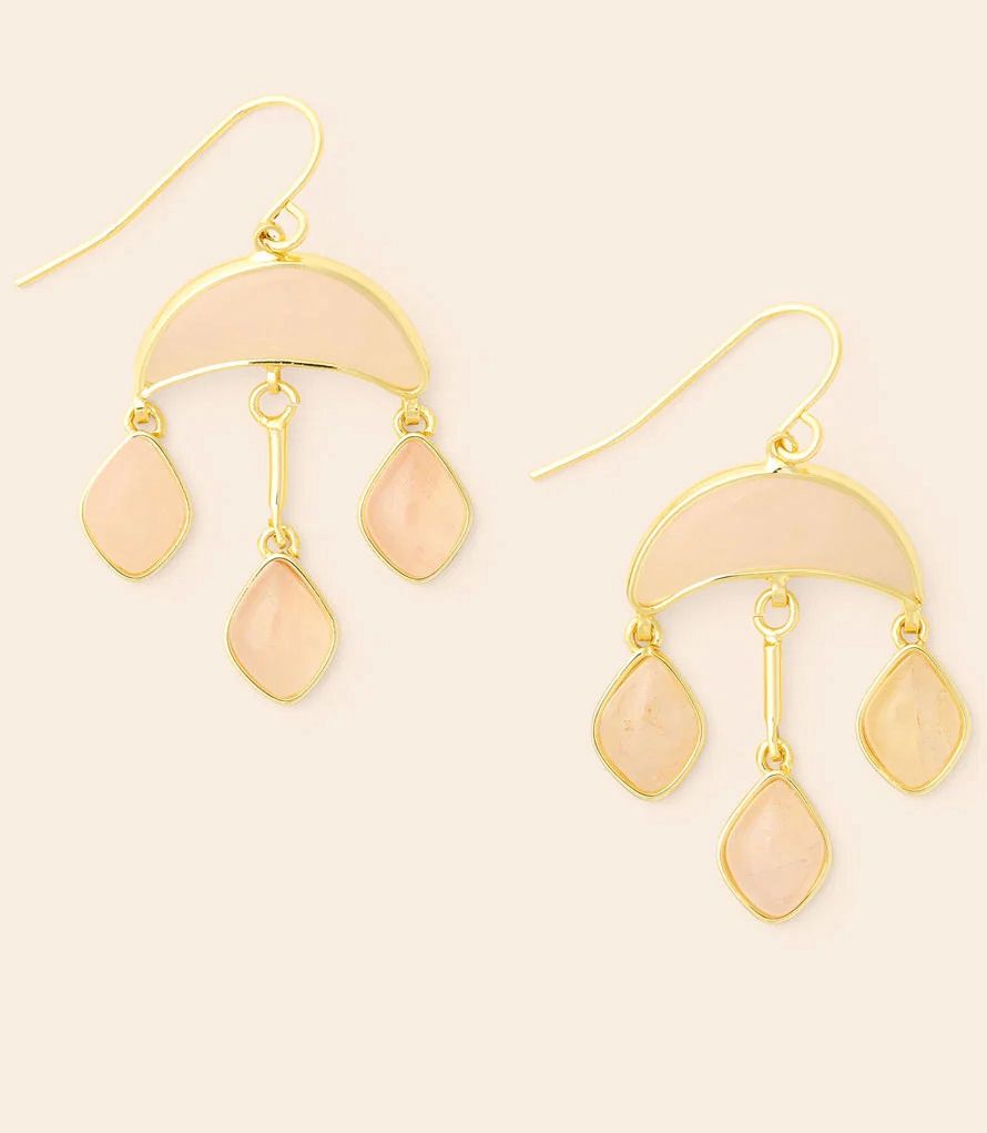 Rose Quartz Stone Crescent Moon Drop Gold Earrings