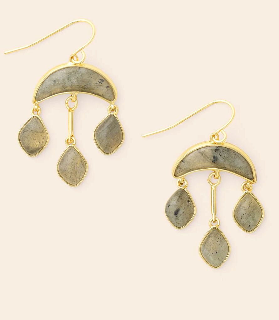 Labradorite Stone Crescent Drop Gold Earrings