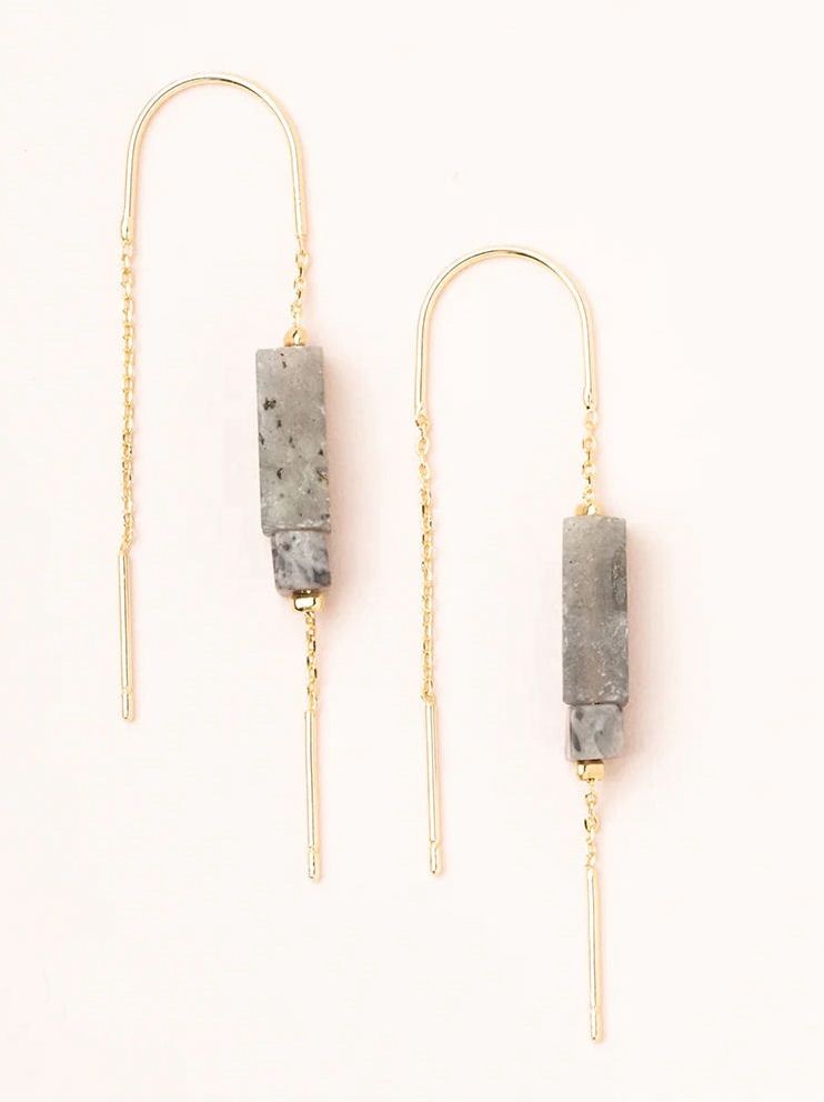 Labradorite Black Rectangle Stone Thread Gold Earrings
