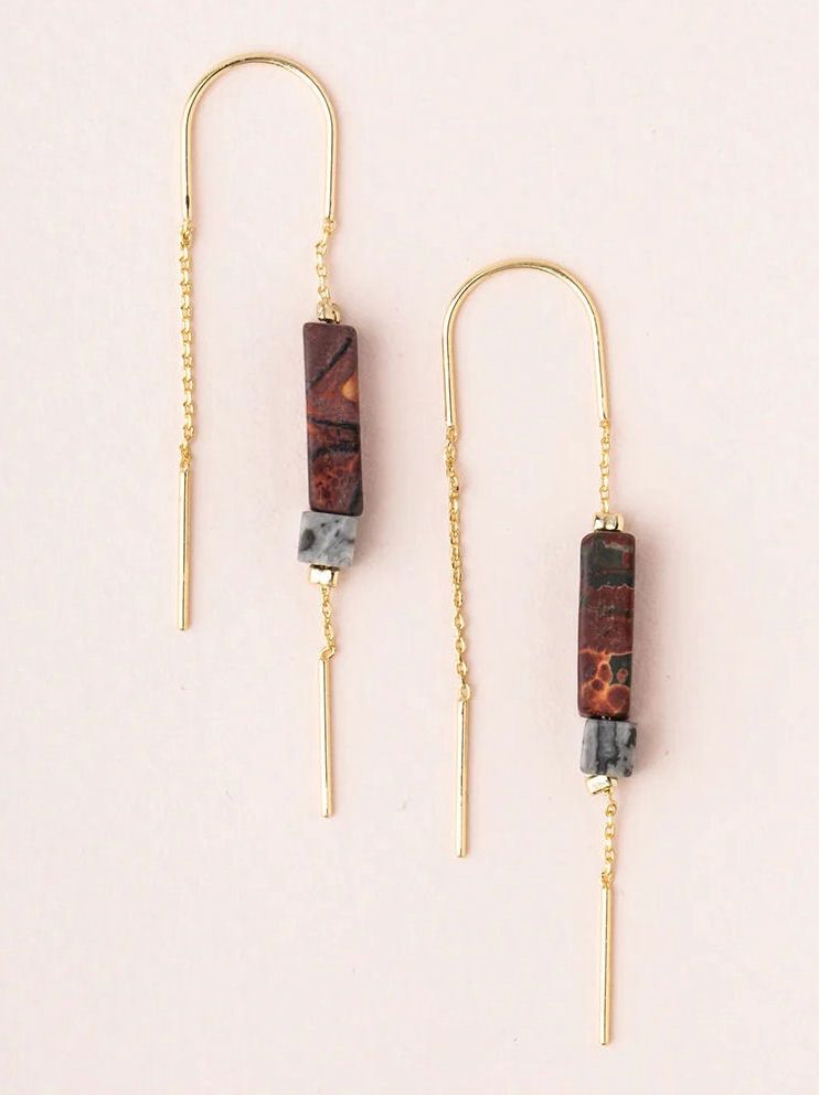 Majestic Jasper Rectangle Stone Thread Gold Earrings