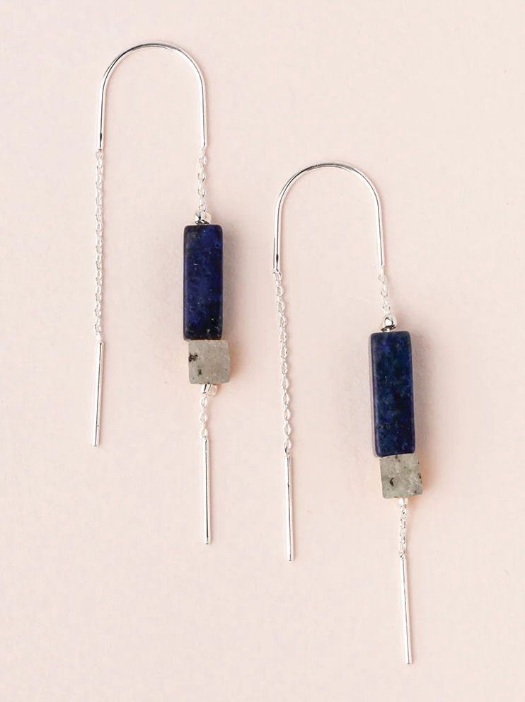 Lapis Rectangle Stone Thread Silver Earrings
