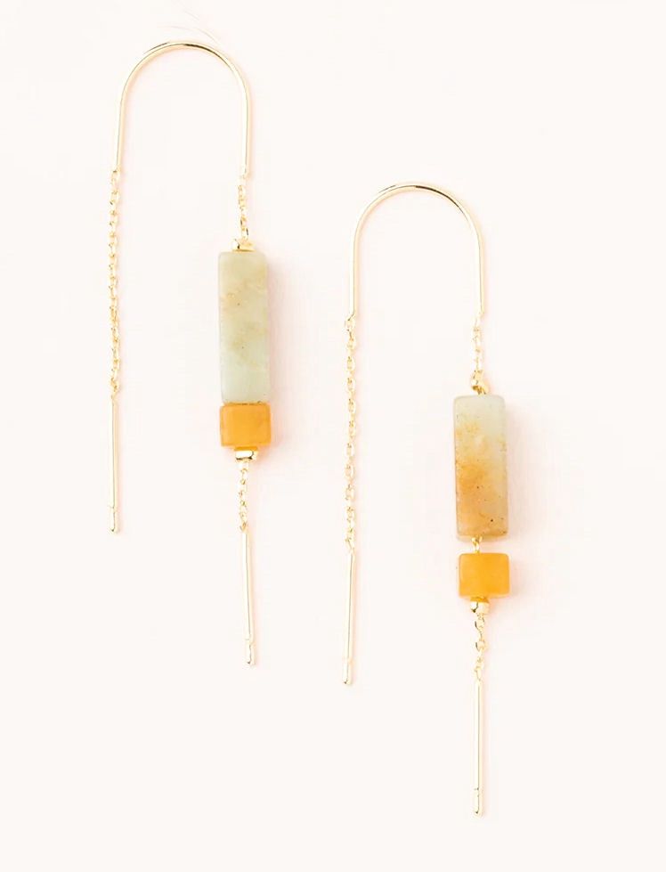 Amazonite Amber Rectangle Stone Thread Gold Earrings