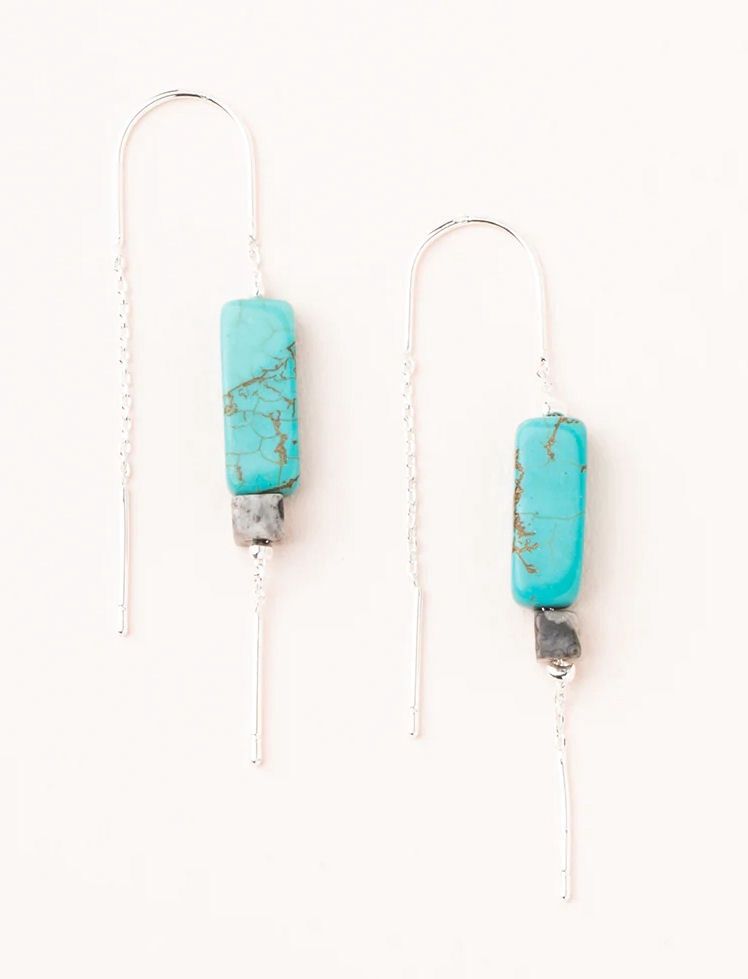 Turquoise Black Rectangle Stone Thread Silver Earrings