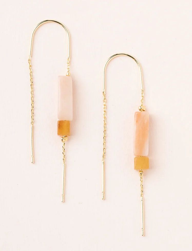 Rose Quartz Amber Rectangle Stone Thread Gold Earrings