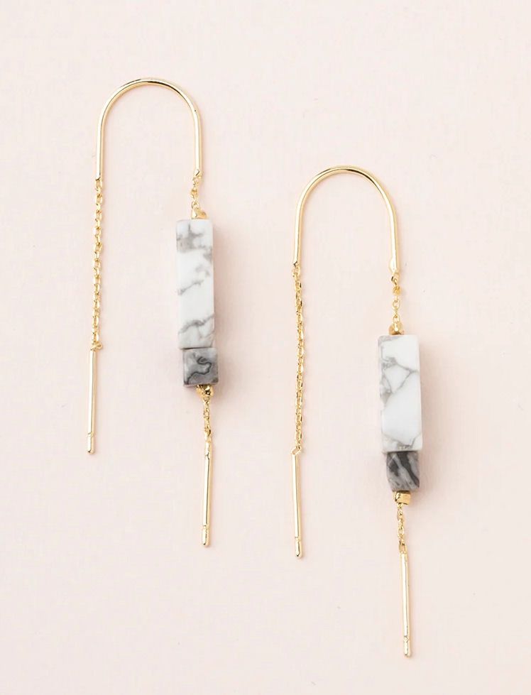 Howlite Black Rectangle Stone Thread Gold Earrings