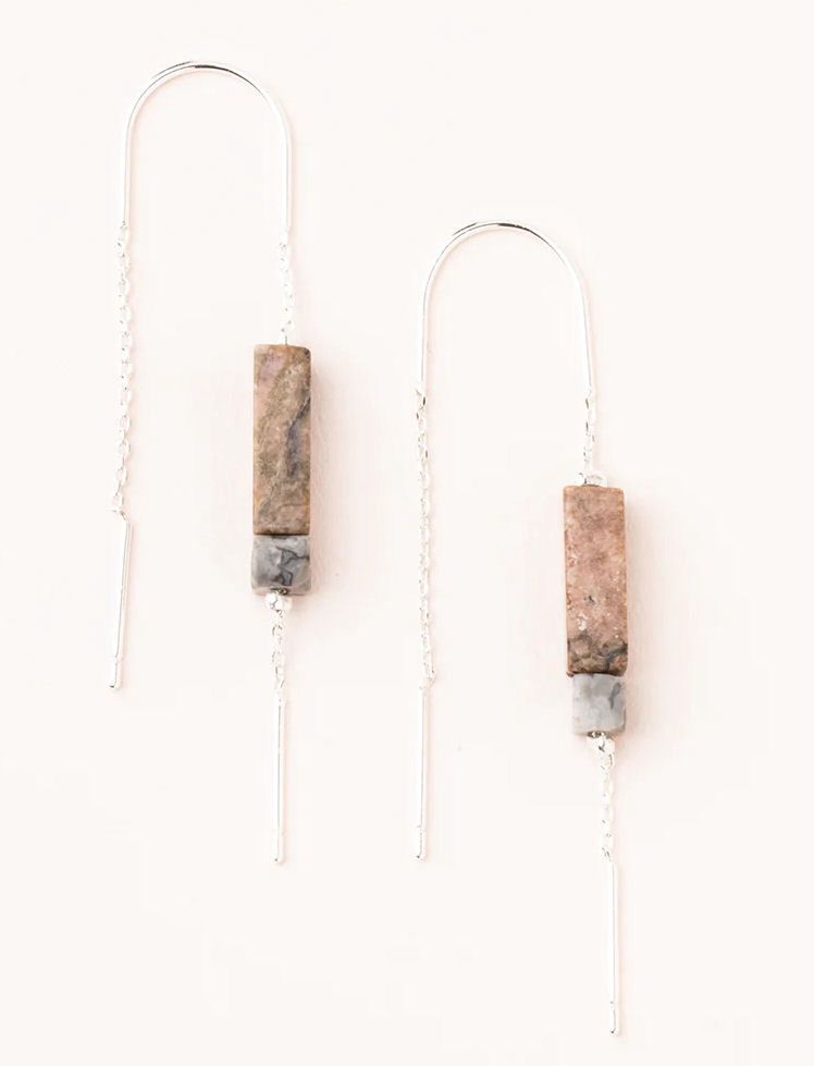 Rhodonite Black Rectangle Stone Thread Silver Earrings