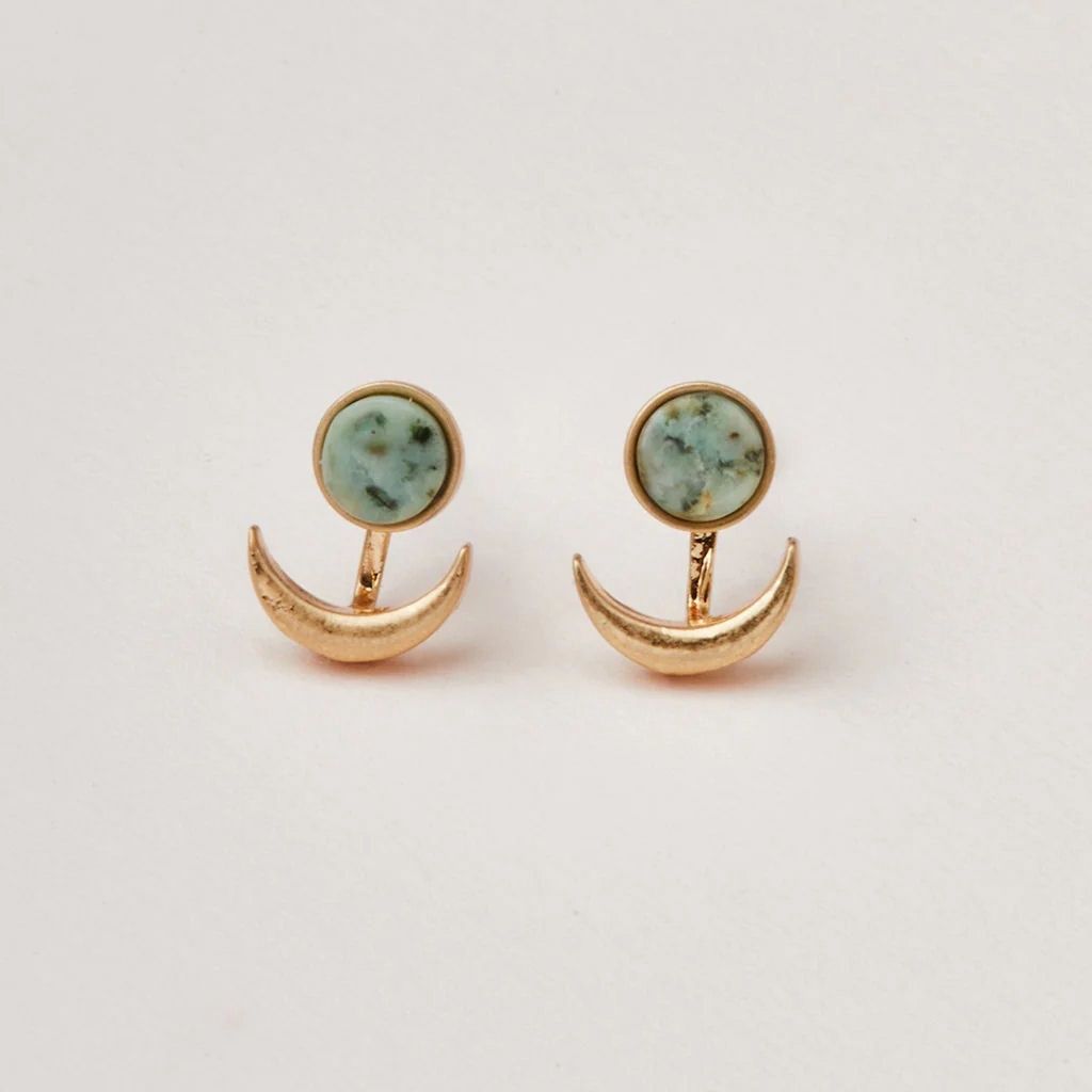 Stone Crescent Moon Phase Ear Jacket African Turquoise Gold Earrings