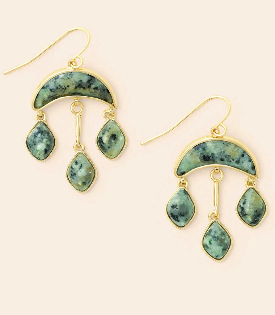 African Turquoise Stone Crescent Moon Drop Gold Earrings
