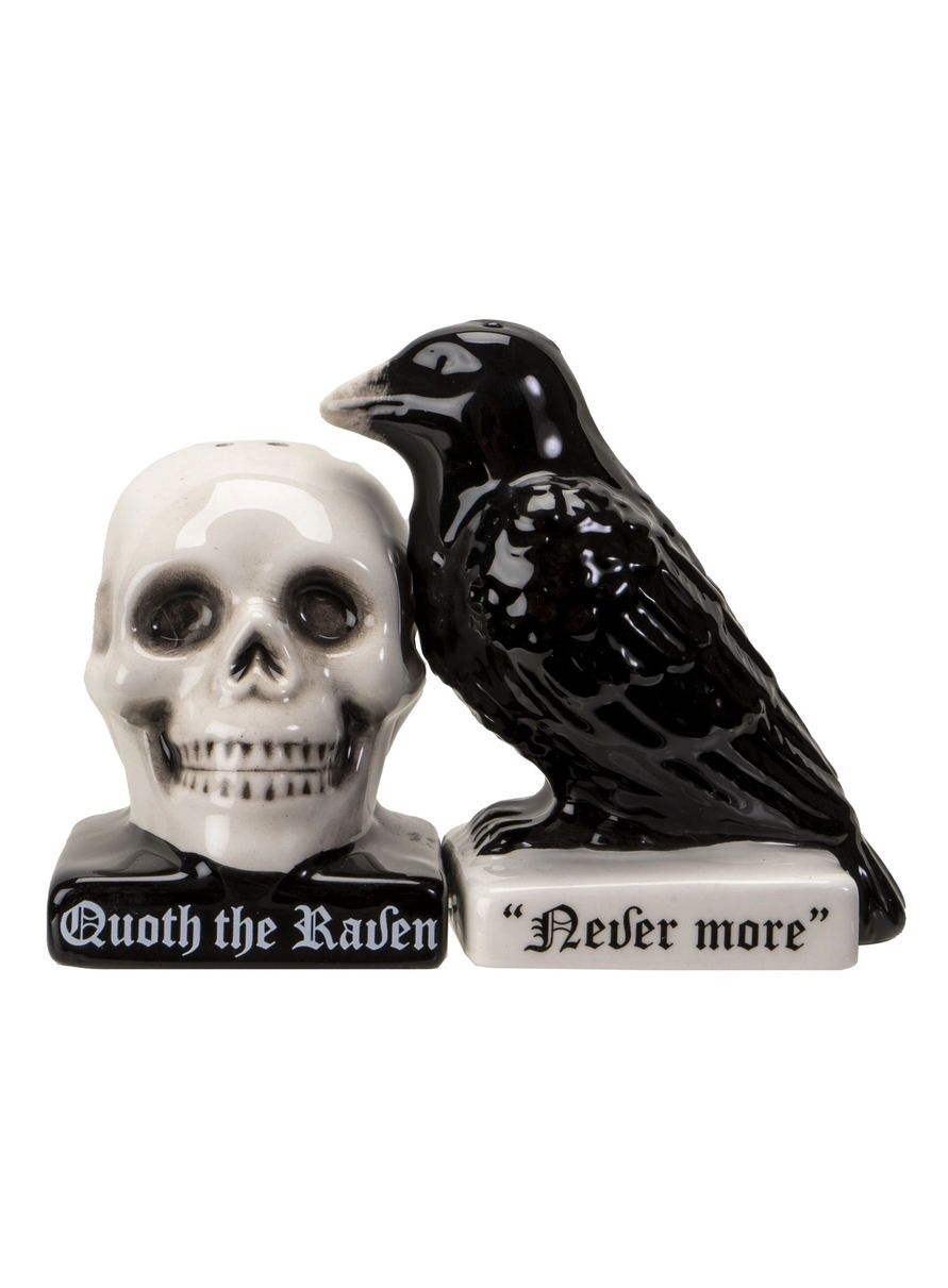 Quoth The Raven Edgar Allen Poe Skull Salt And Pepper Shaker Set
