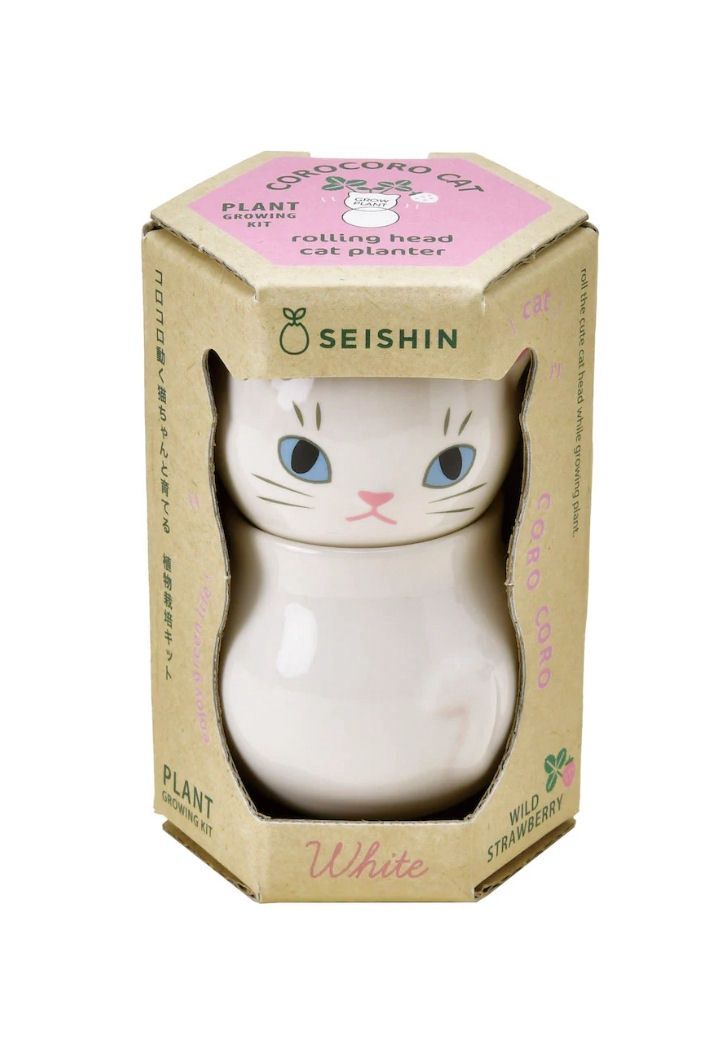 Corocoro White Cat Planter Wild Strawberry Plant Growing Kit