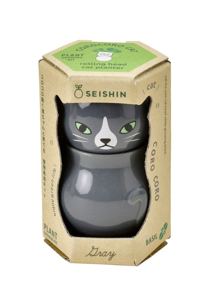 Corocoro Grey Cat Planter Sweet Basil Plant Growing Kit