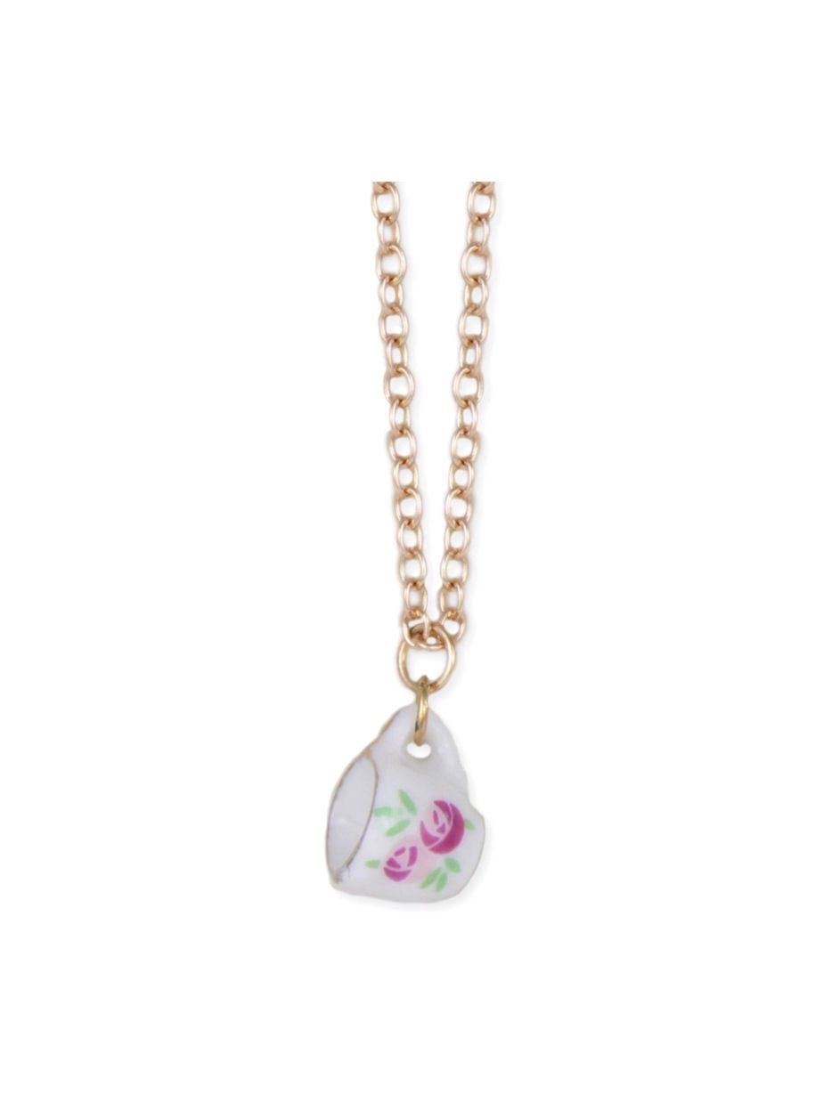 Pink White Ceramic Teacup Gold Necklace