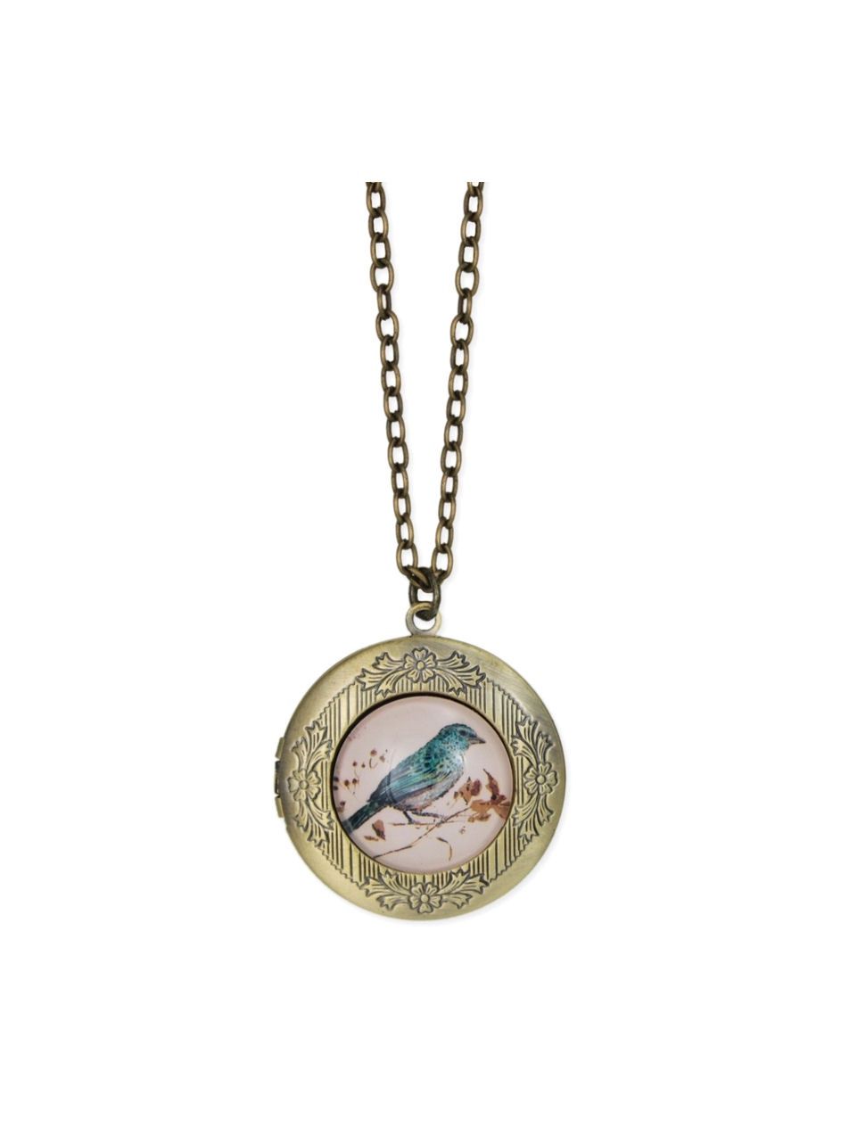 Vintage Bird Print Gold Locket Necklace