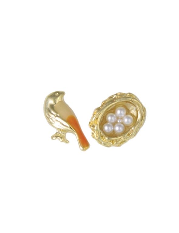 Gold Bird And Nest Mismatch Post Earrings