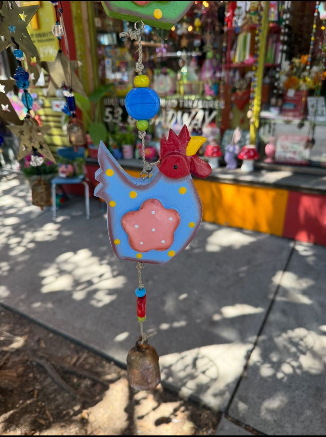 A Rooster Family Painted Wood Beads And Bell
