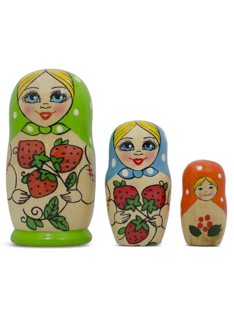 Set Of 3 Green, Blue And Orange Strawberry Nesting Dolls