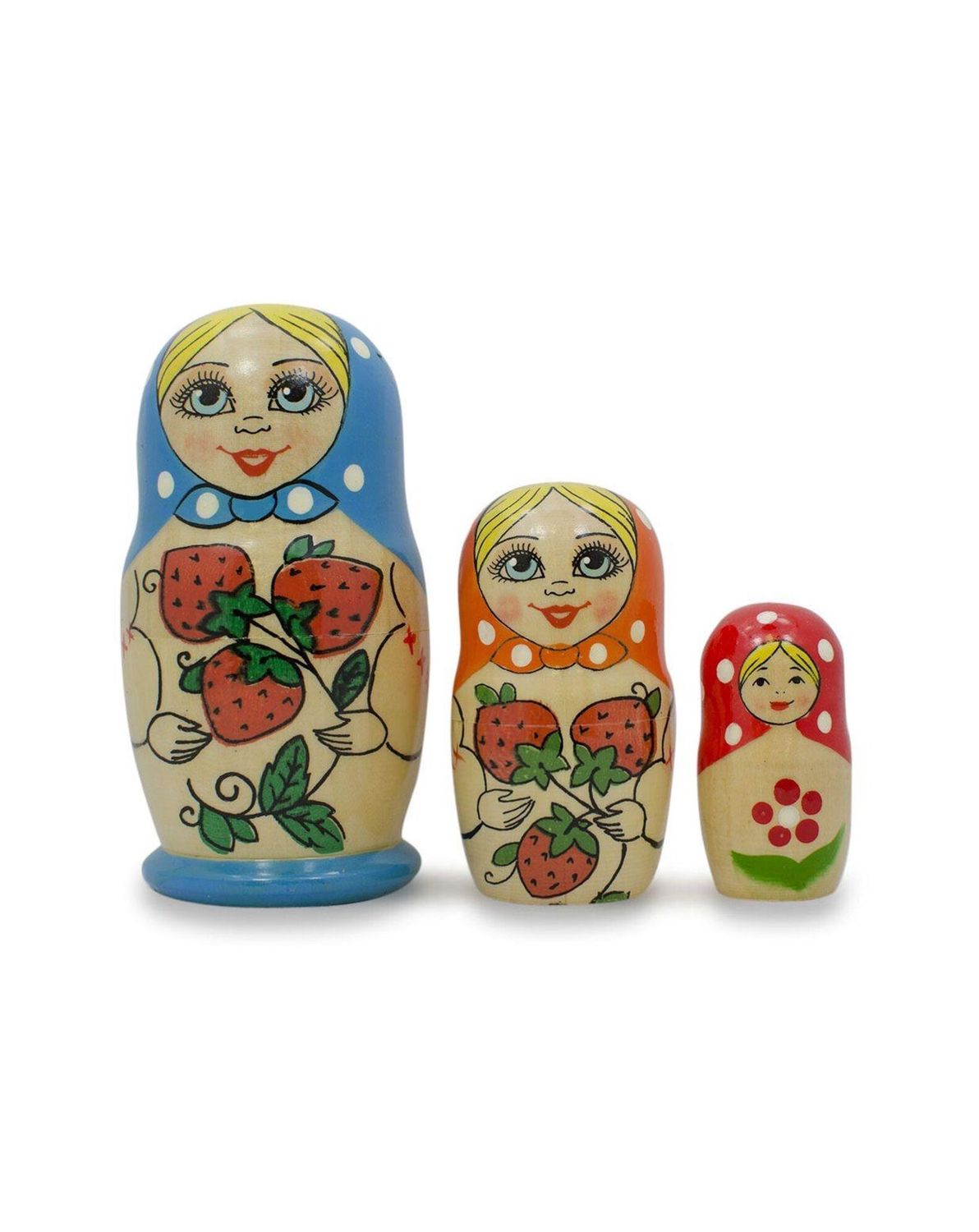 Set Of 3 Blue, Orange And Red Strawberry Nesting Dolls