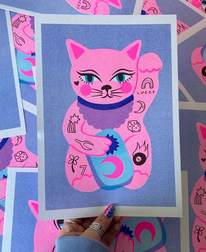Lucky Cat A4 Risograph Print