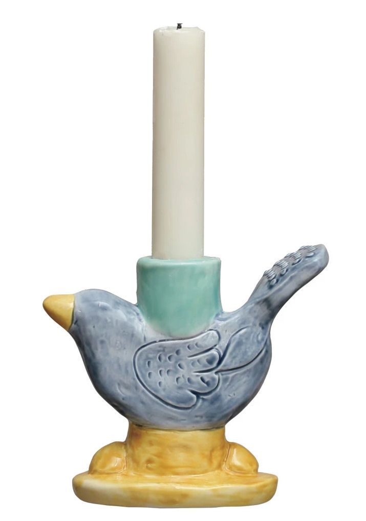 Hand-Painted Stoneware Bird Taper Candle Holder