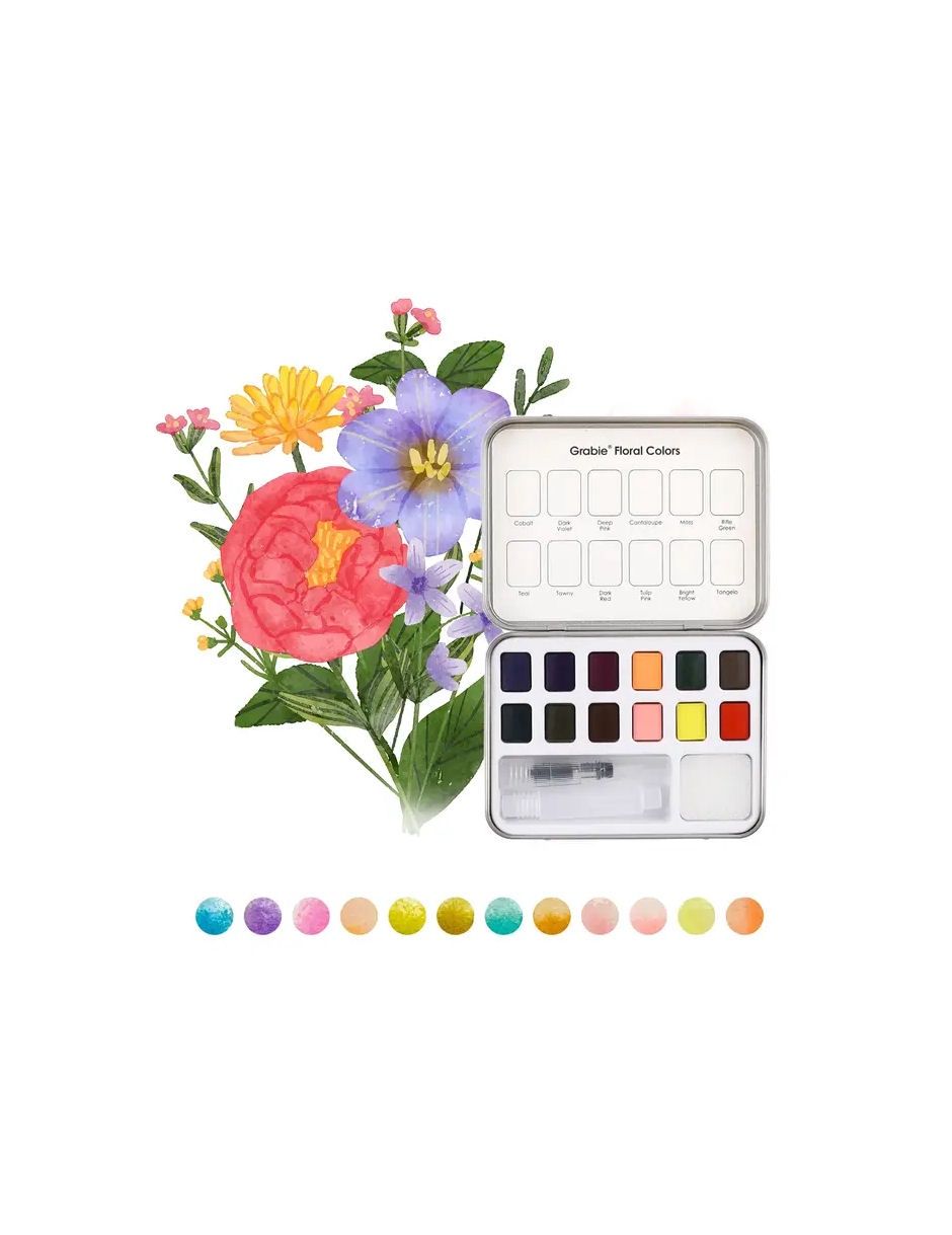 Floral Colors Watercolor Pocket Set Of 12 With Brush