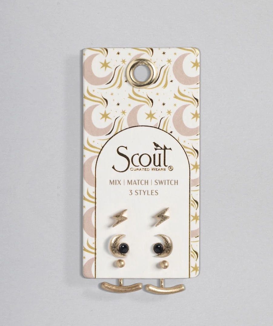 Stud Trio Moon Black Spinel Gold Earrings