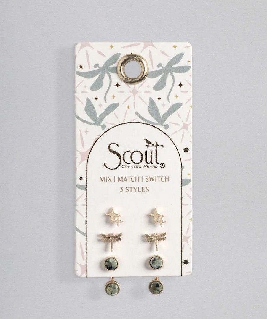 Stud Trio Dragonfly African Turquoise Gold Earrings