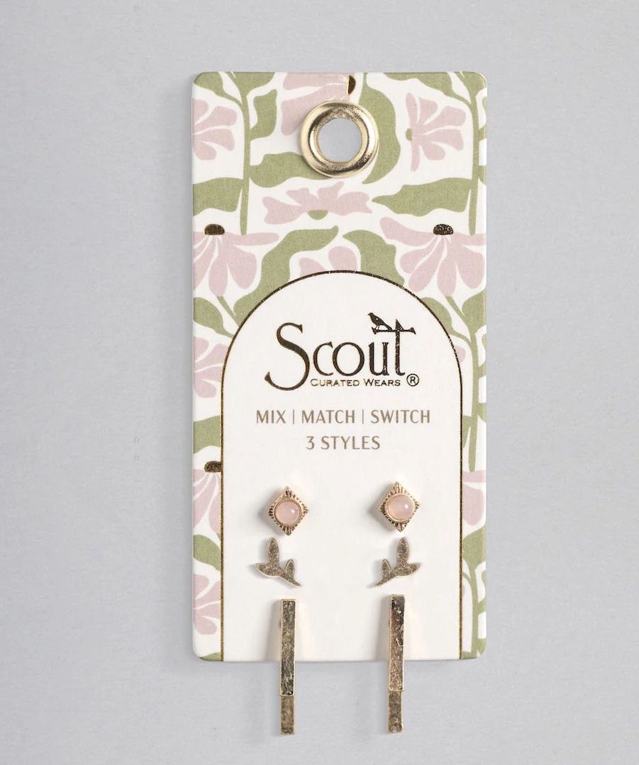 Stud Trio Leaf Rose Quartz Gold Earrings