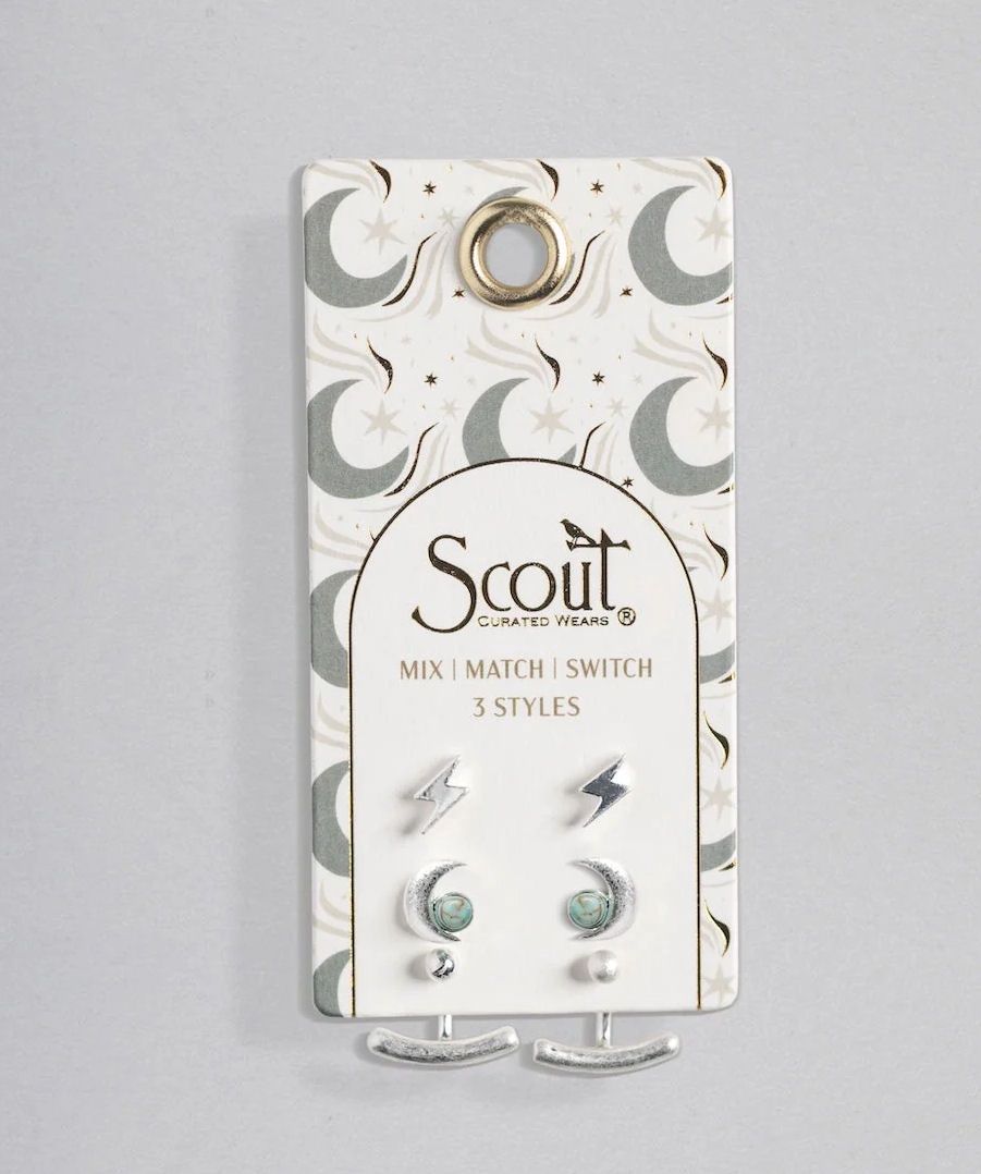 Stud Trio Moon Turquoise Silver Earrings