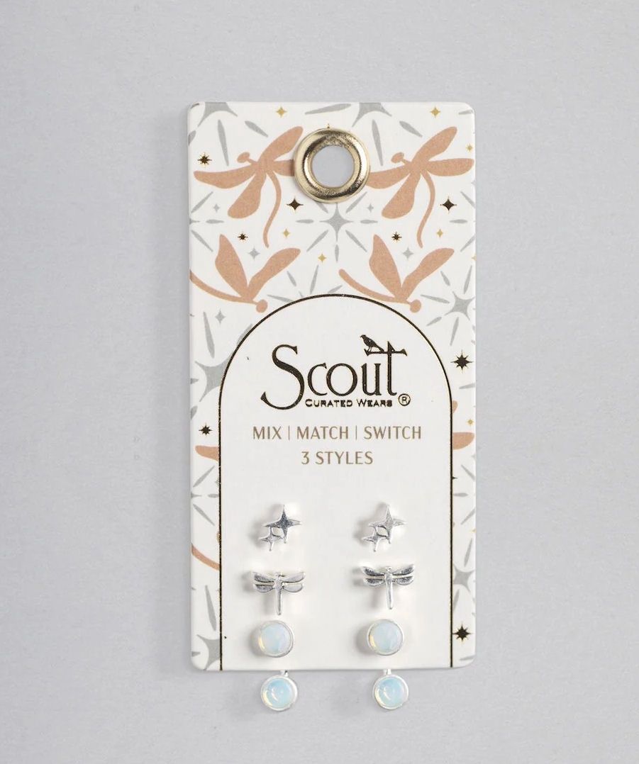 Stud Trio Dragonfly Opalite Silver Earrings