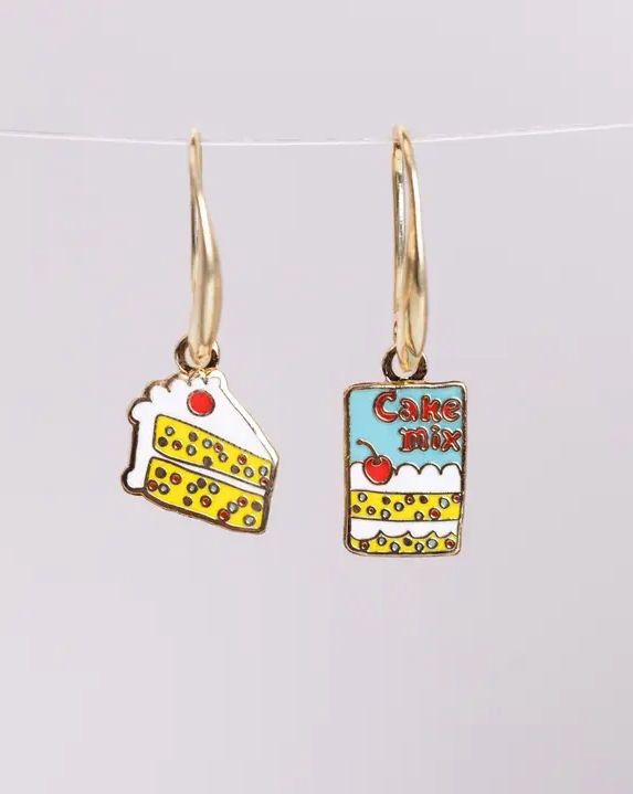 Cake and Cake Mix Gold Dangle Earrings