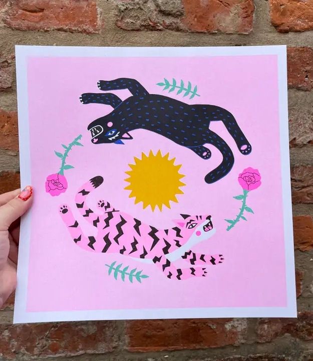 Leaping Cats Square Risograph Print