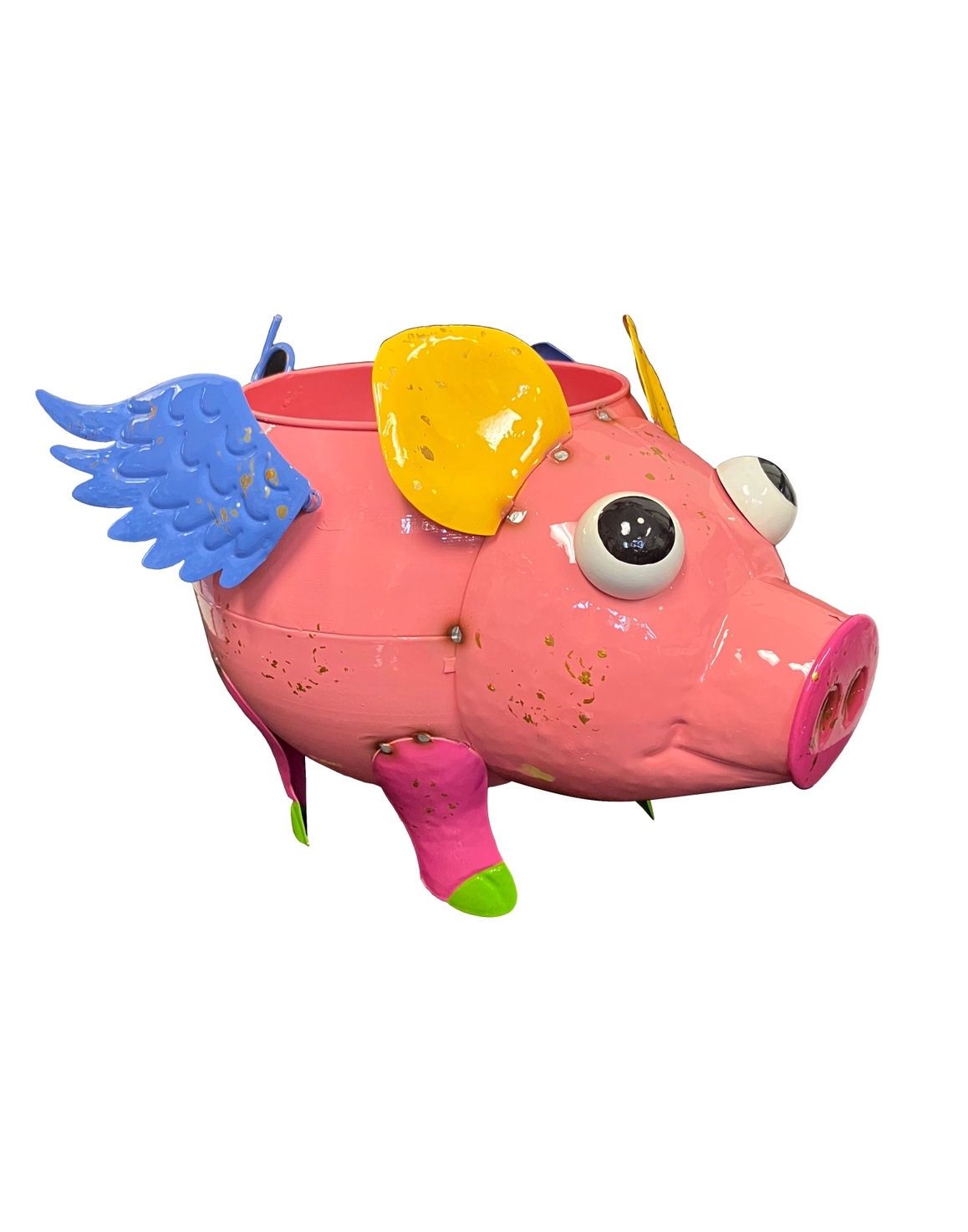 Large Colorful Pink Painted And Enameled Metal Flying Pig Planter