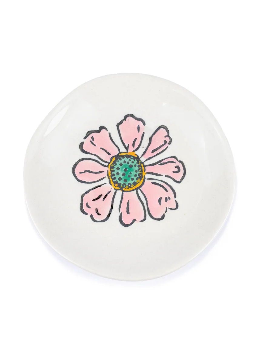 Pink Flower Stoneware Footed Plate With Wax Relief Design