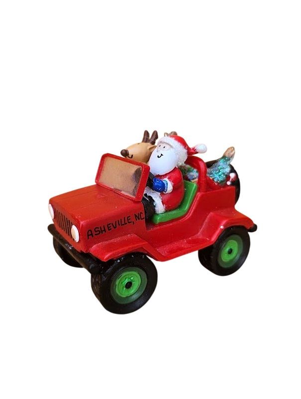 Santa And Reindeer In Jeep Asheville Ornament