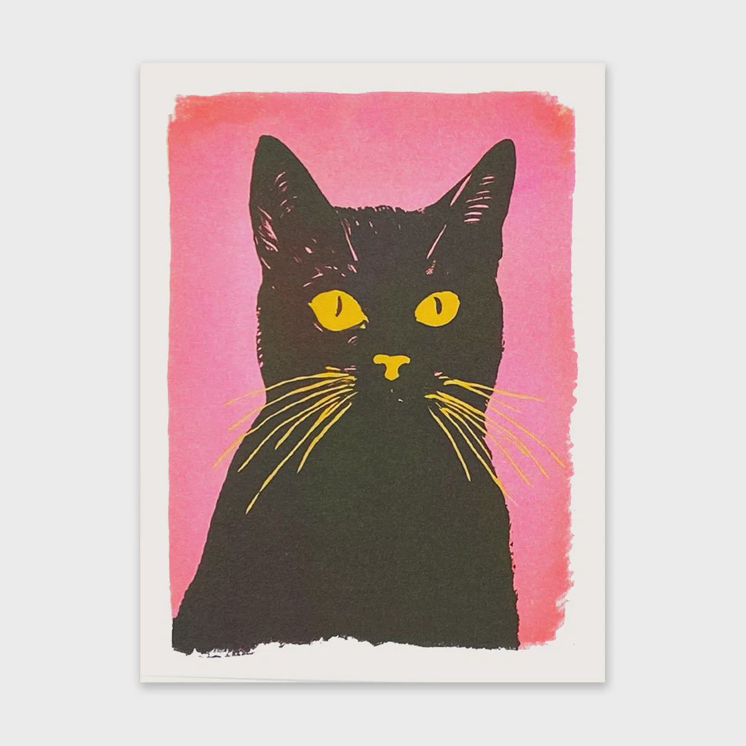 Retro Pink Background Black Cat 8x6 Risograph Print