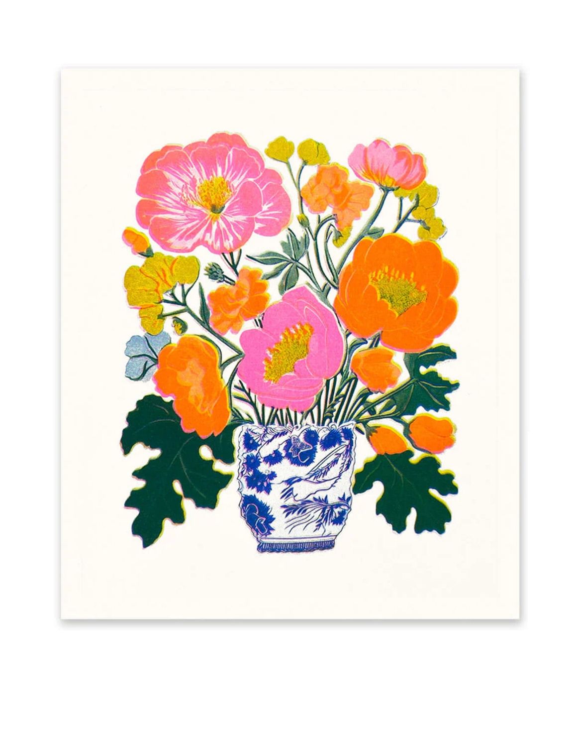 Orange And Pink Peonies 12x10 Risograph Print