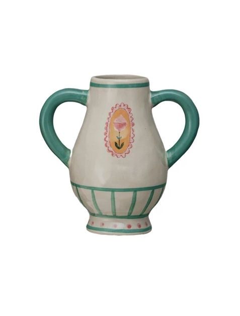 Ceramic Floral Painted Vase Urn, Color: Green Handles