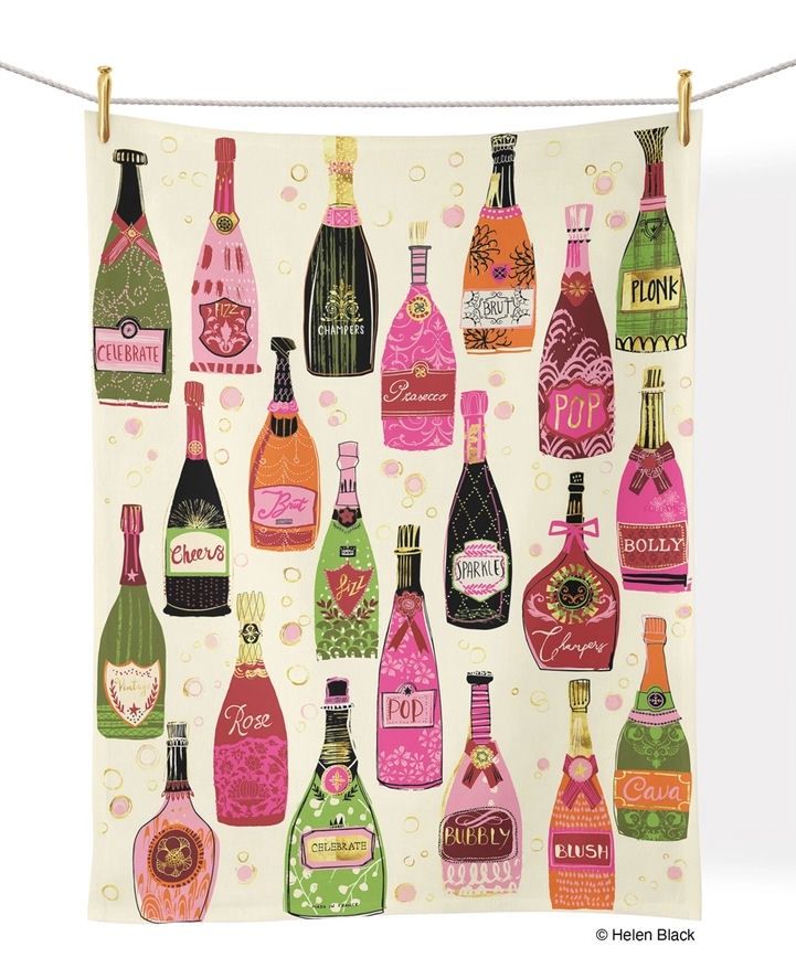 Bubble Pop Fizz Wine Bottle Cotton Tea Towel