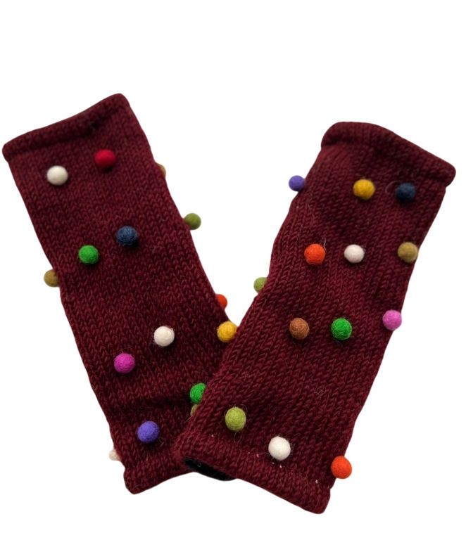 Burgundy Red Pom Pom Fingerless Gloves