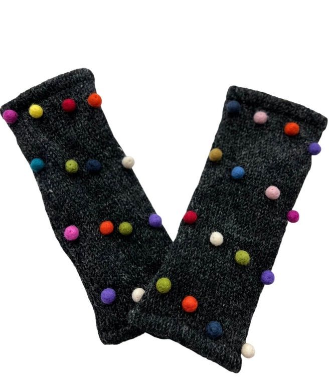 Charcoal Pom Pom Fingerless Gloves