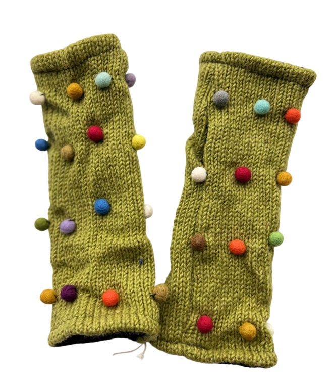 Olive Pom Pom Fingerless Gloves