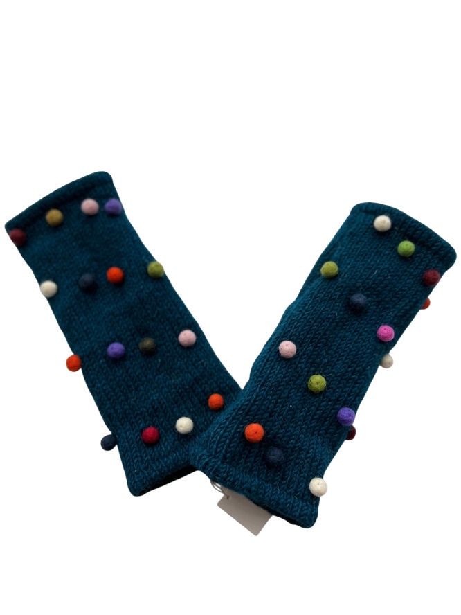 Teal Pom Pom Fingerless Gloves