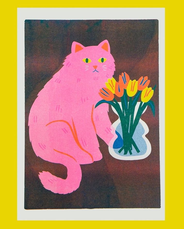 Pink Cat With Vase Of Tulips Flowers A4 Risograph Print