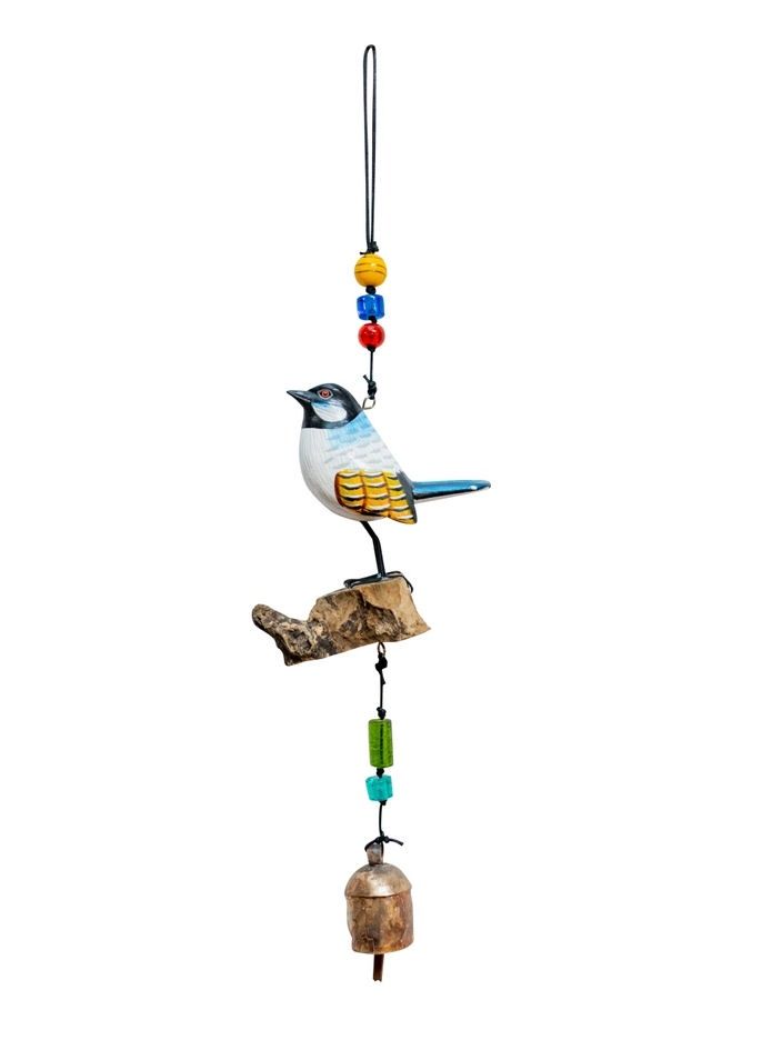 Wood Blue Bird On A Stump Beads And Bell