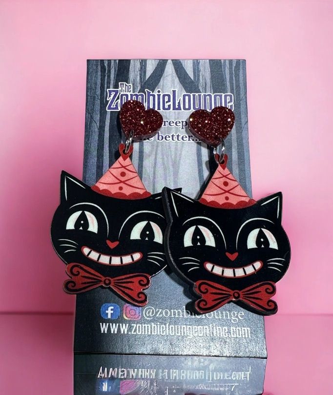 Black Cat In Hat Dangle Earrings