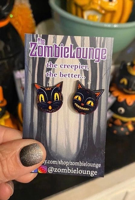 Black Cat Face Stud Earrings