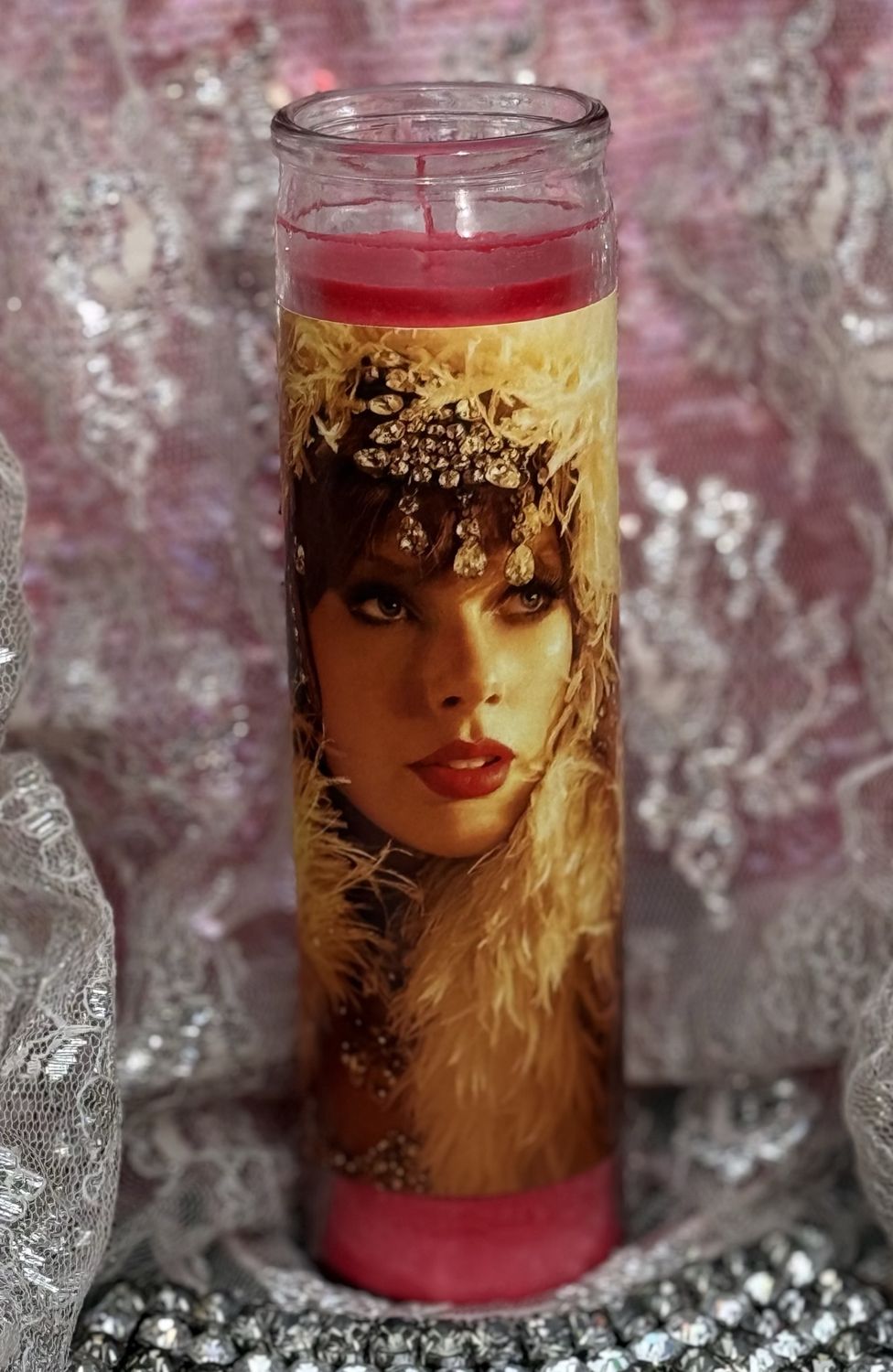 Taylor Swift Saint Candle  ~ Rhinestones and Feather Boa Face Close Up