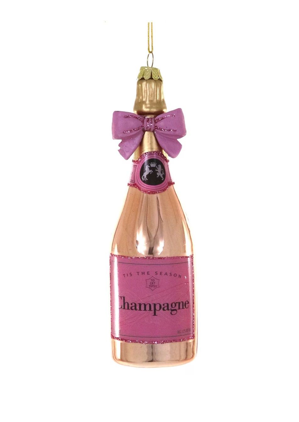 Champagne With Pink Bow Glass Ornament