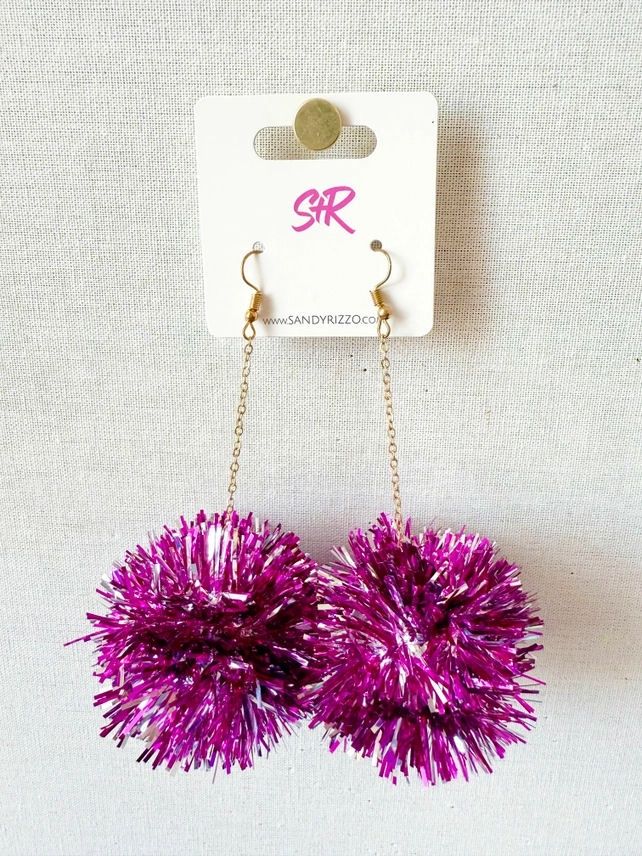 Pink And Silver Tinsel Pom Dangle Earrings